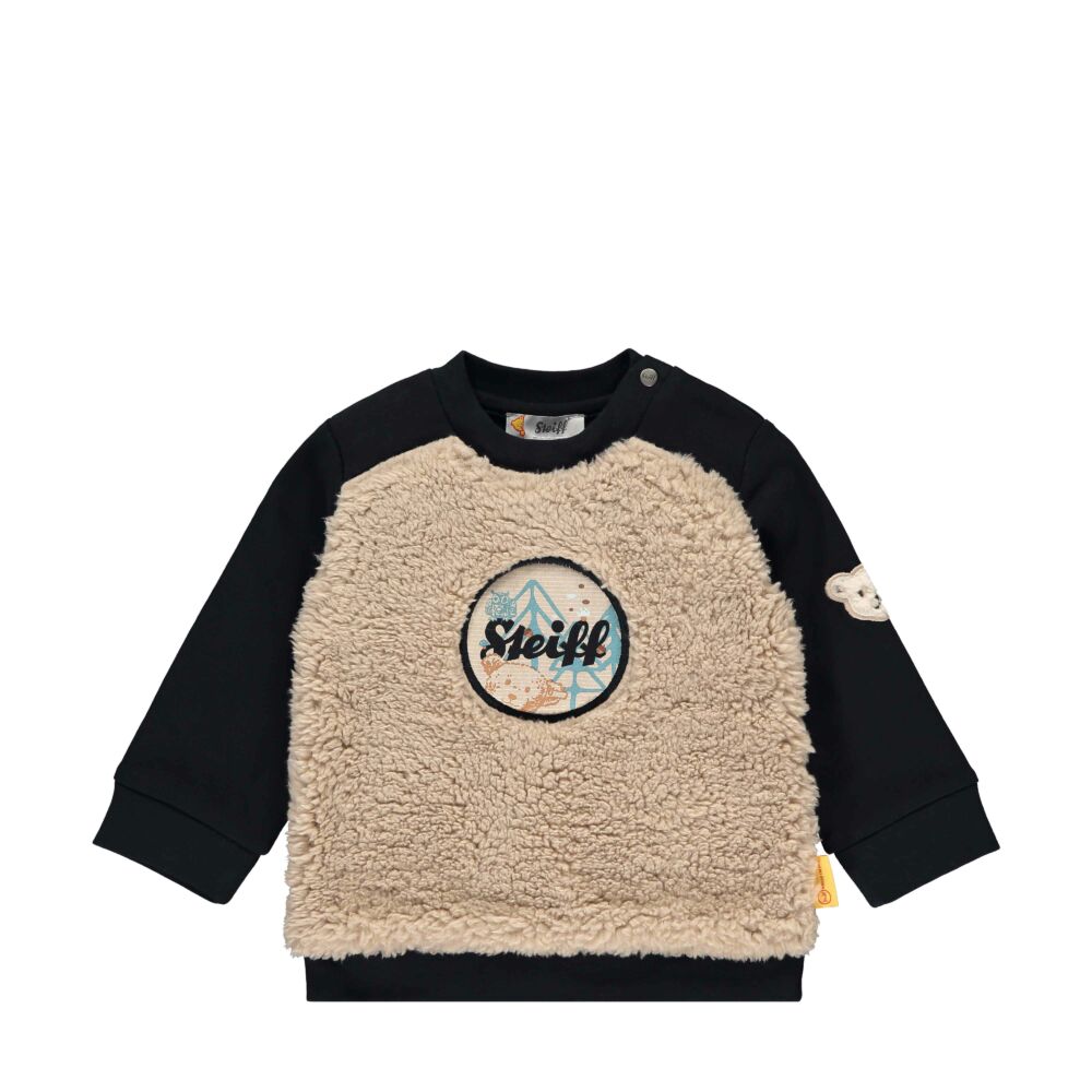 Steiff pamut pulóver zörgő hangot kiadó logoval az elején- Baby Boys - Forest Friends kollekcó sötétkék/fekete  | Bunny and Teddy