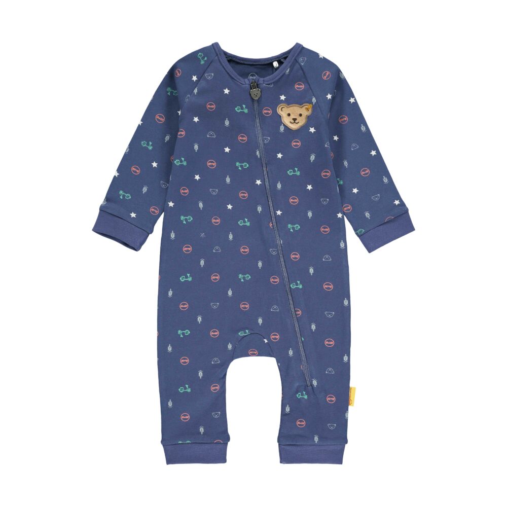 Steiff cipzáros lábfej nélküli rugdalózó, pizsama vespás mintával- Baby Boys - High 5! kollekcó kék  | Bunny and Teddy
