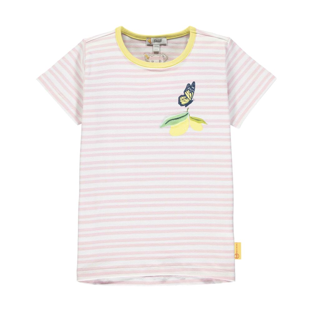 Steiff csíkos rövid ujjú póló pillangóval és citrommal- Mini Girls - Hello Summer kollekció rózsaszín  | Bunny and Teddy