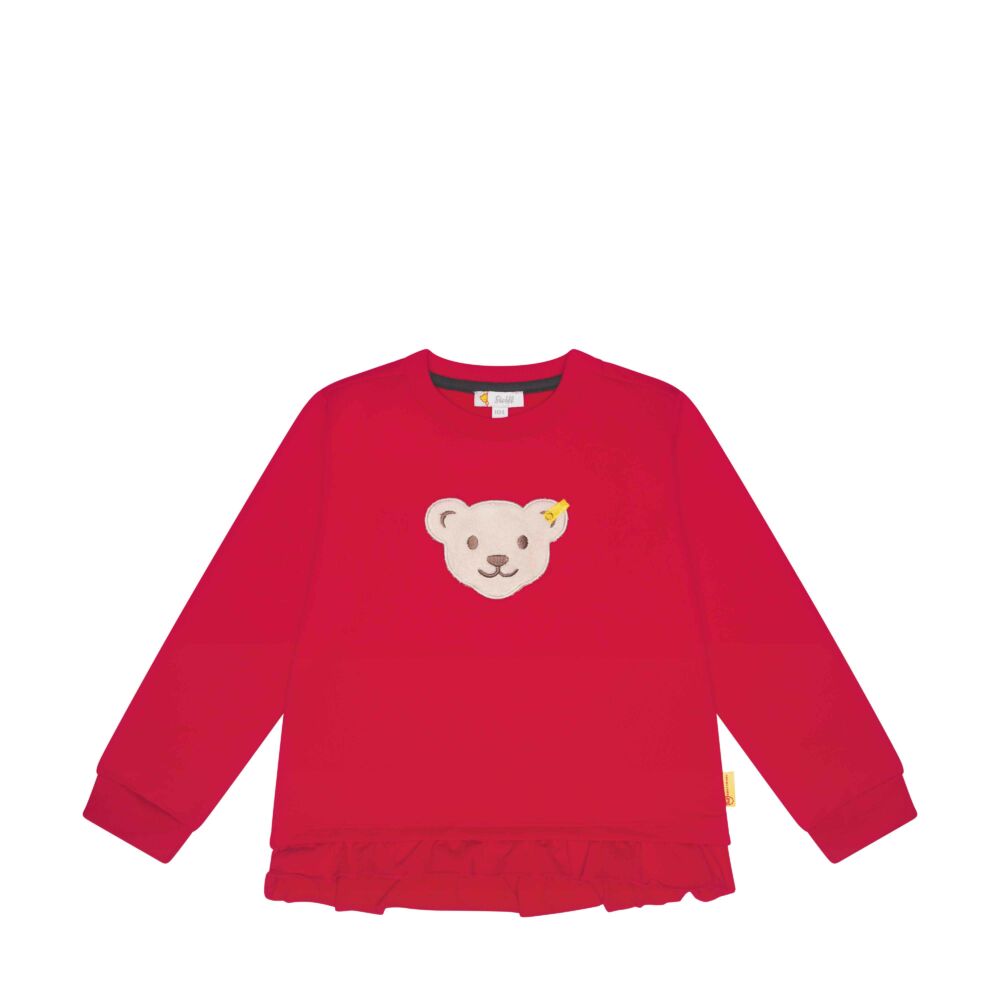 Steiff derekán fodros pamut pulóver sípoló hangot kiadó macival az elején - Mini Girls - Flying Away kollekció piros  | Bunny and Teddy