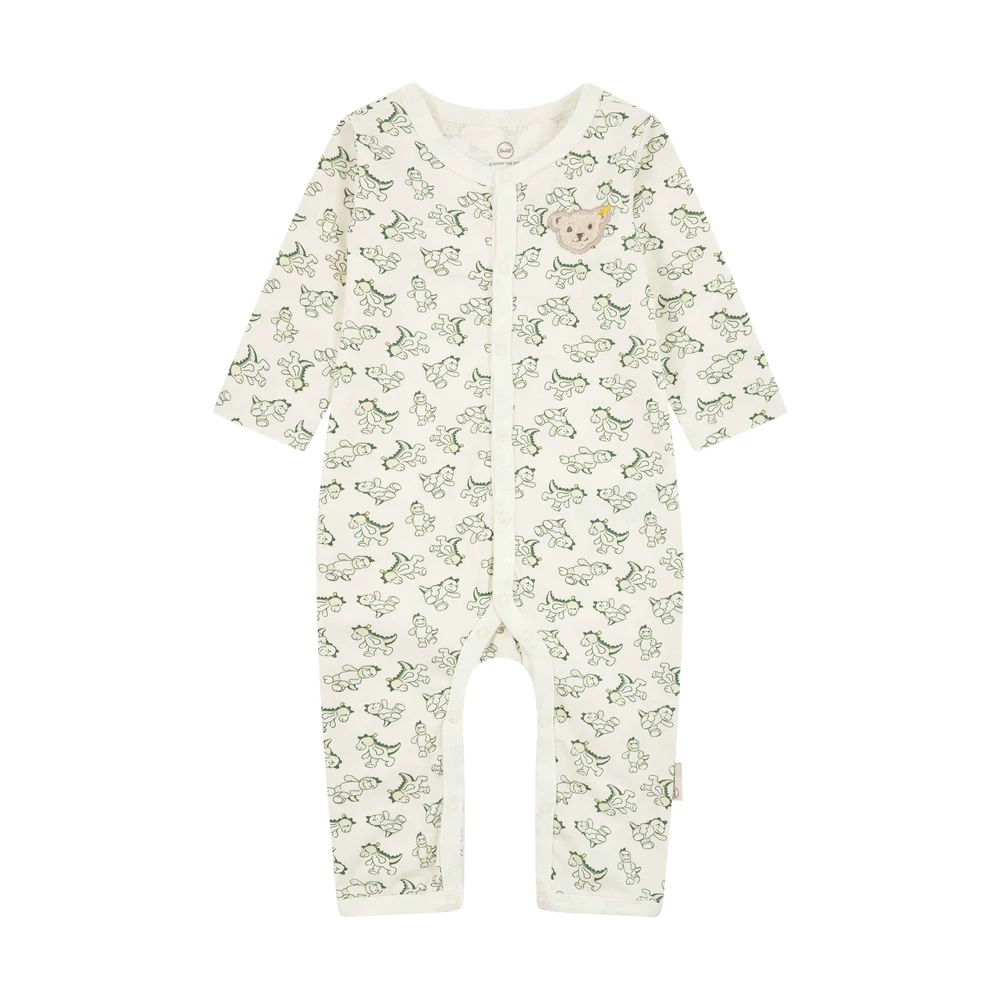 Steiff elől és lábán patentos lábfej nélküli rugdalózó, pizsama biopamutból Baby Boys - Dino Zone homok  | Bunny and Teddy