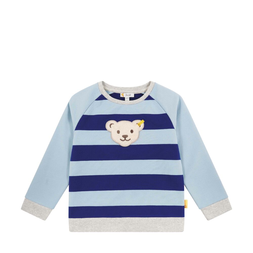 Steiff csíkos pamut pulóver sípoló hangot kiadó macival az elején Mini Boys - Red Panda világos kék  | Bunny and Teddy