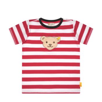 Steiff csíkos rövid ujjú póló sípoló hangot kiadó macival az elején - Mini Boys - Under the Surface kollekció piros  | Bunny and Teddy